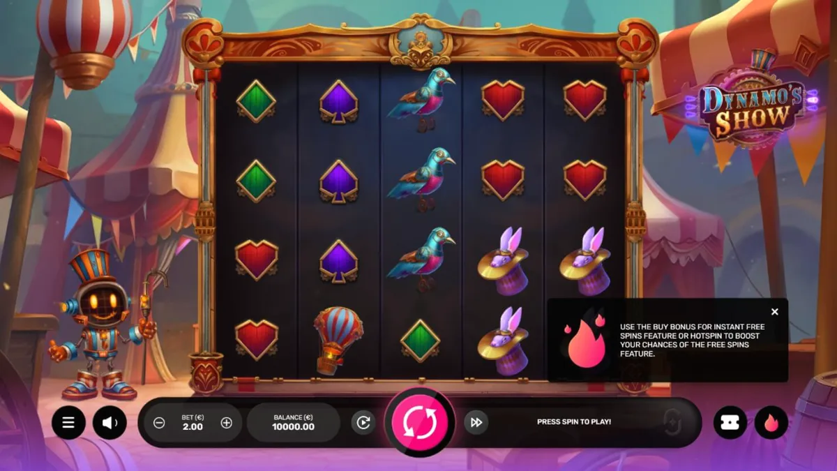 Robot ringmaster memandu pertunjukan sirkus di slot Dynamo’s Show