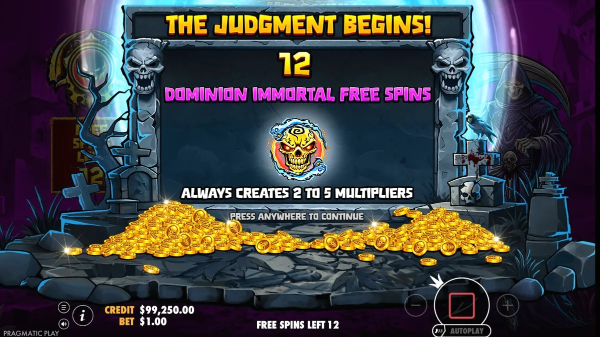 Tampilan visual slot Death Dominion dengan tema horor gotik dan Grim Reaper