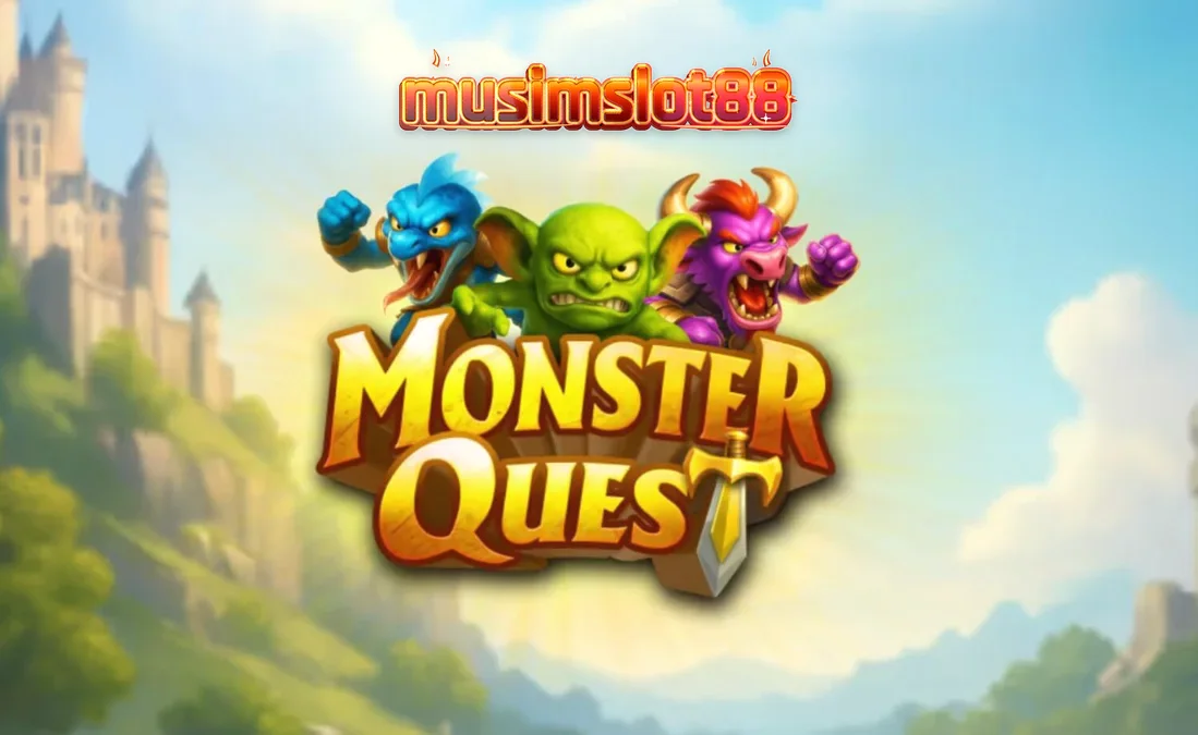 Ksatria menghadapi naga dalam latar belakang benteng abad pertengahan di slot Monster Quest